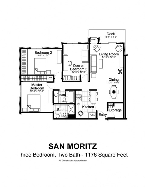 Floor plan for 3 beds, 1.8 baths, 1176 sqft